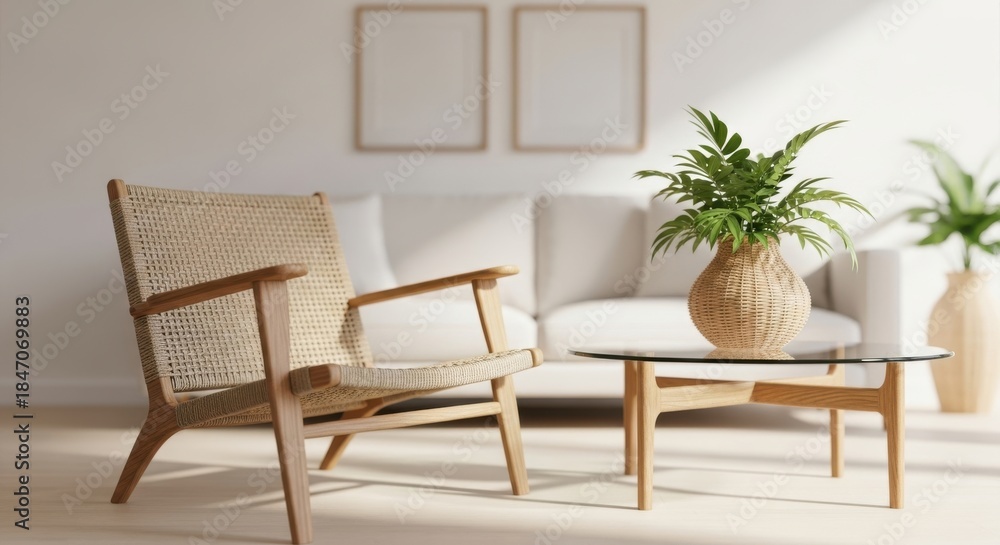 Fototapeta premium Cozy living room with natural light, woven chair, and houseplants
