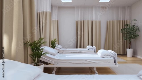 An interior view of a hospital room with beds. A medical setting with modern design and comfort Stock Video