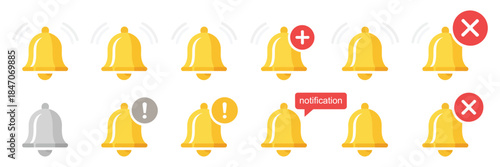 Notification Bell Icons Collection with Push Alert Messages, Urgent Call Symbols, and Attention Signs for Web, Mobile Apps, UI, and Social Media