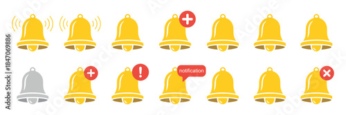Notification Bell Icons Collection with Push Alert Messages, Urgent Call Symbols, and Attention Signs for Web, Mobile Apps, UI, and Social Media