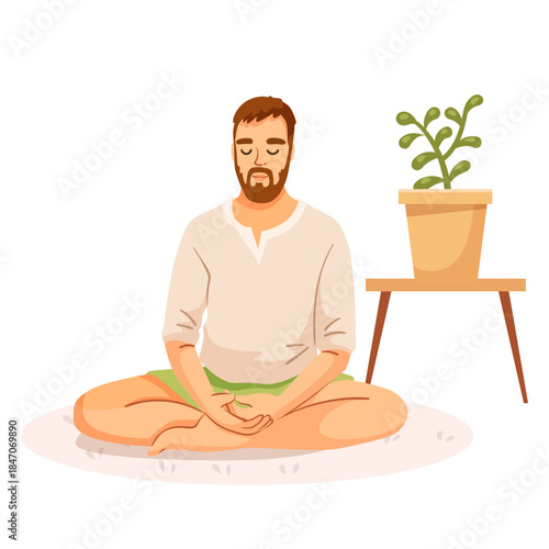 Bearded man sits cross-legged meditating on rug, flat style, white background, concept of mindfulness and calm. Vector illustration
