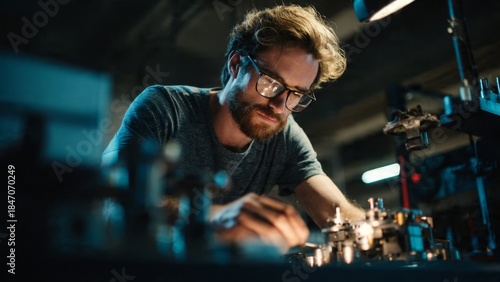 Engineer testing mechanical part on bench in indoor workshop setting focused and dedicated work environment