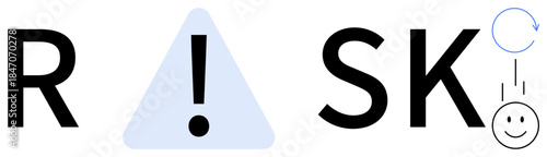Risk concept. Abstract visualization of risk with a warning sign, exclamation mark, and falling smile icon suggesting danger and potential recovery. Risk in decision-making, management, financial
