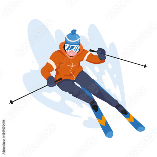 A skier in bright clothing skiing downhill with snow trail, cartoon style on white background. Concept of winter sport activity. Vector illustration