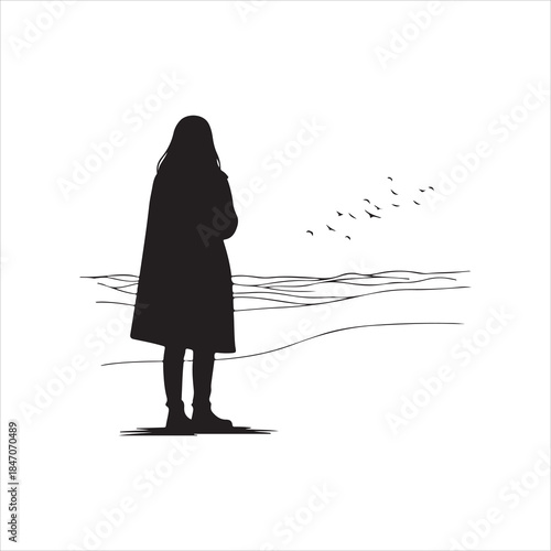 Lone woman silhouette by shoreline — calm seaside landscape line vector