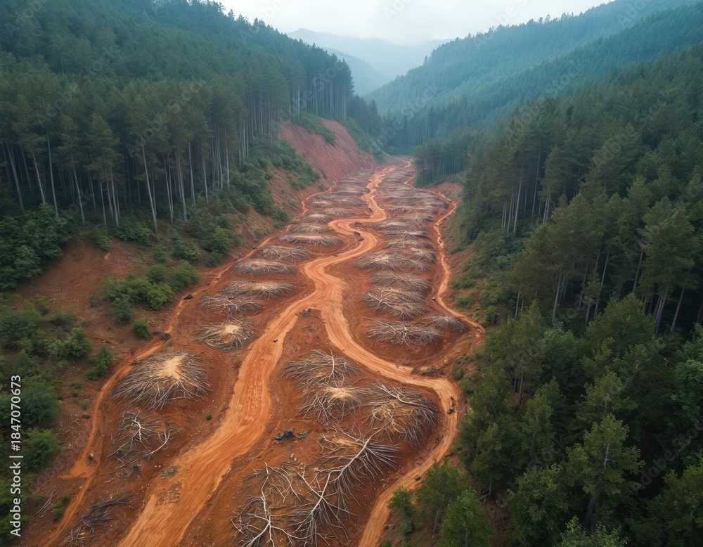 Fototapeta premium Aerial view of logged forest showing cleared land with tree stumps, winding dirt paths. Contrasting green woods border devastated terrain. Mountainous landscape shows large scale timber extraction