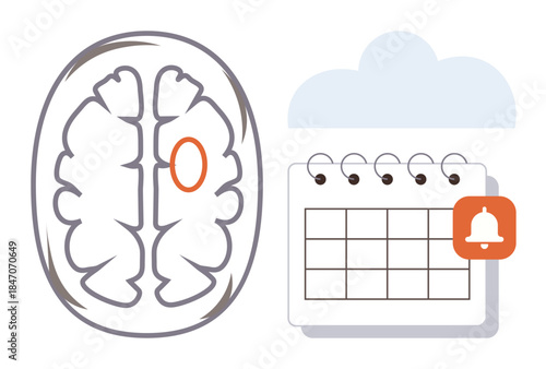 Cross-section of the brain with an activated region, calendar with cloud, and notification icon. Ideal for memory, productivity, organization, neuroscience, mental health, time management and focus