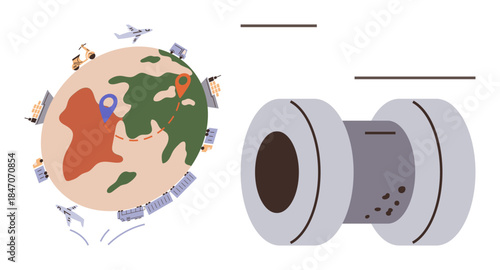 Earth with transportation lines, vehicles, and cargo icons depicting trade and logistics. Steel coil symbolizing manufacturing supply chain. Ideal for trade, logistics, economy, supply chain