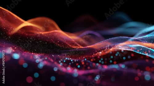 Multicolor Neon Particle Mesh Wave on Black – Perfect for AI, Big Data, Music Visualizer, Tech Presentations, Album Covers, Metaverse, Sci-Fi Projects and Premium Corporate Branding