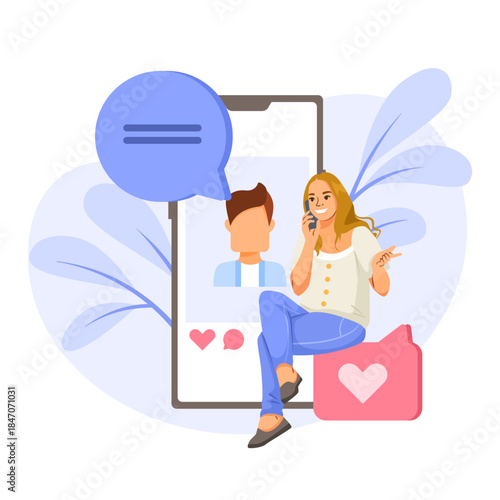 Woman talking on phone near large smartphone showing dating profile, flat style, abstract background, concept of online dating. Vector illustration