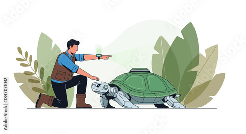 A man interacts with a robotic turtle in a forest using advanced technology display concept