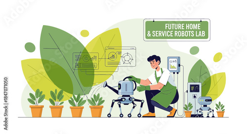 A lab technician oversees robot gardener watering potted plants in the future home of robots