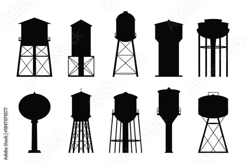 Black Silhouette Metal Water Tower Icon Set with Oval Water Tank, Countryside Reservoir Infrastructure Vector Isolated on White