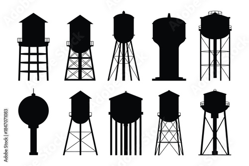 Black Silhouette Metal Water Tower Icon Set with Oval Water Tank, Countryside Reservoir Infrastructure Vector Isolated on White