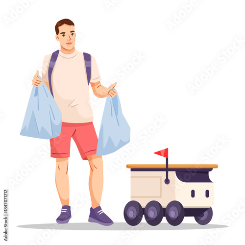 Young man holding shopping bags delivered by autonomous robot, flat cartoon style, isolated on white background. Concept of smart delivery. Vector illustration