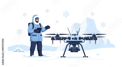 Arctic drone mission specialist with unmanned aerial vehicle inspecting polar ice caps monitoring