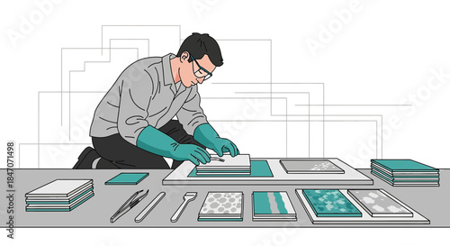 Artisan working with meticulous precision on ceramic tile design and arrangement processes with