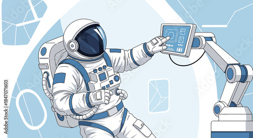 Astronaut operating a robotic arm interface in a stylized space station environment backdrop