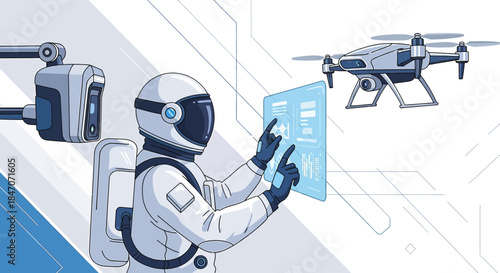 Astronaut monitoring drone operations using advanced technology in space environment illustration