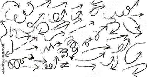 A collection of various hand drawn arrows in a sketchy style on a white background
