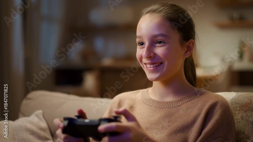Teenager enjoying video games on a sofa. The young woman has a happy expression while playing Stock Video