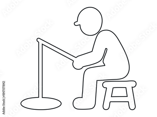 Black silhouette of person ice fishing with rod, isolated on white background. concept of winter sport, ice fishing activity, outdoor hobby, fishing icon, design element