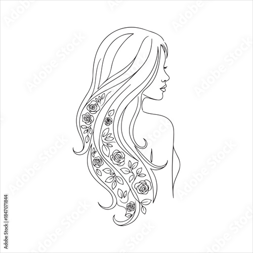 Woman back view with long decorative hair — artistic portrait line vector