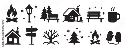 SET - Black silhouette icons of winter elements including campfire, lamps, pine trees, cabin, mug and mittens, isolated on white background. concept of winter, icon, design element