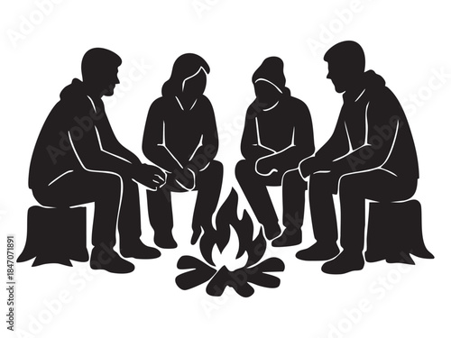 Black silhouette of four people sitting around campfire, isolated on white background. concept of outdoor adventure, camping, bonfire, social gathering, icon, relaxation.