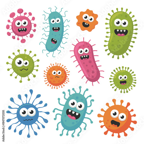 Cute Cartoon Microbes, Probiotics, and Pathogens Vector Set. Funny Bacteria and Germ Characters for Kids Health or Biology