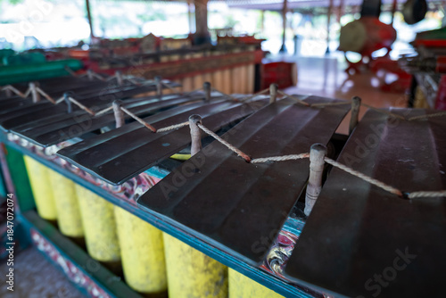 Gambang part of Indonesian Gamelan musical instruments, close-up with selective focus. Musicology, ethnomusicology concept image