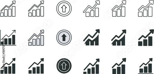 Collection of 16 black and white business icons featuring graphs charts and house symbols