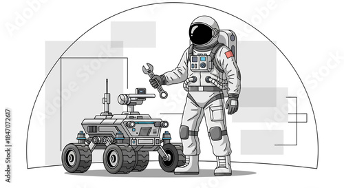 Astronaut repairing a rover on a lunar base with tools representing space exploration and