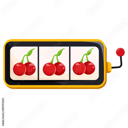 Colorful slot machine showing three cherry symbols, flat cartoon style, isolated on white background. Concept of gambling and casino win. Vector illustration
