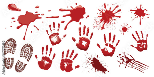 Realistic Blood Splatters and Smears Vector Illustration with Dripping Streaks, Scratches, Handprints, Liquid Flows, and Scattered Drops on White Background