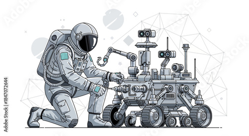 Astronaut repairing a rover on an alien planet, surrounded by a faint stellar mist and geometric