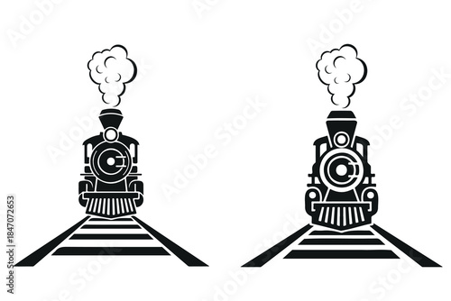 Steam locomotive train rail with smoke on railway tracks, front View set.