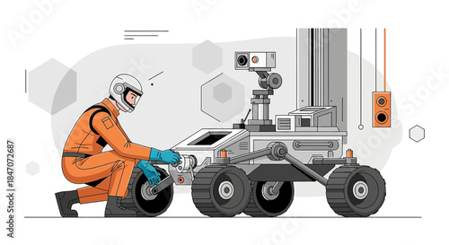 Astronaut repairing a rover on an isolated planet exploring new technological advancement in space
