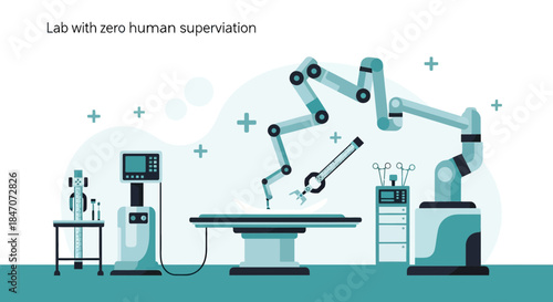Automated laboratory with robotic arm conducting experiment in a sterile environment