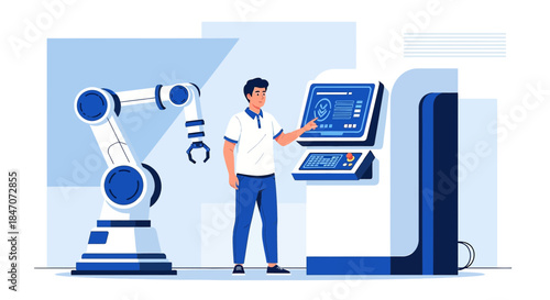 Automated manufacturing process with robotic arm and operator controlling equipment using software