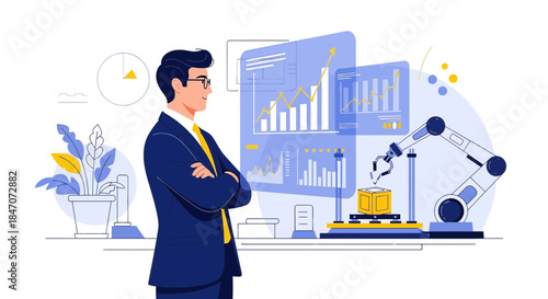 Automated production oversight: Manager analyzing robotic assembly and market trends data