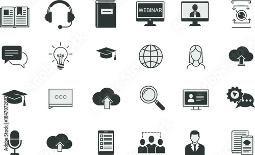 Collection of black and white icons representing online learning education and technology