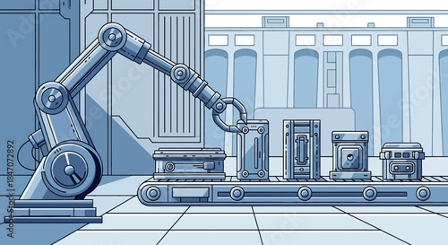 Automated production line with robotic arm processing metal containers in a factory setting