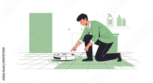 Cartoon style illustration of a man activating a robot vacuum cleaner on tiled flooring