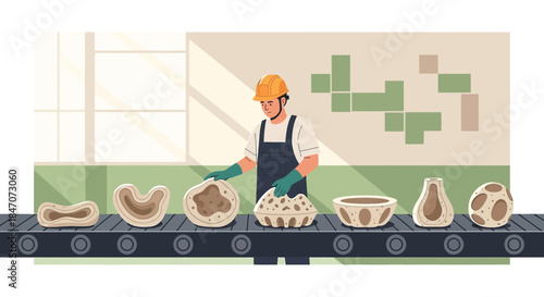 Ceramic production line featuring a worker inspecting crafted pottery on a conveyor belt in a