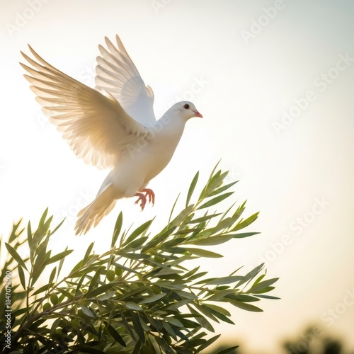 White dove flying with an olive branch. Peace, freedom, love, and hope concept. White bird taking flight from an olea tree for spiritual design element.