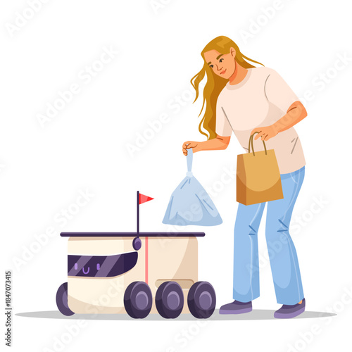 Woman receiving food delivery from a small autonomous robot, cartoon style, isolated on white background. Concept of modern urban delivery. Vector illustration