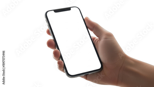 Hand holding smartphone with blank white screen