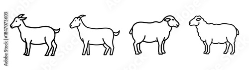 Simple line art illustrations of four domestic farm animals, two goats and two sheep