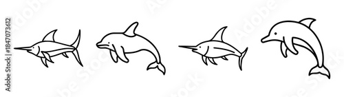 Simple line art illustrations of a swordfish and dolphin pattern